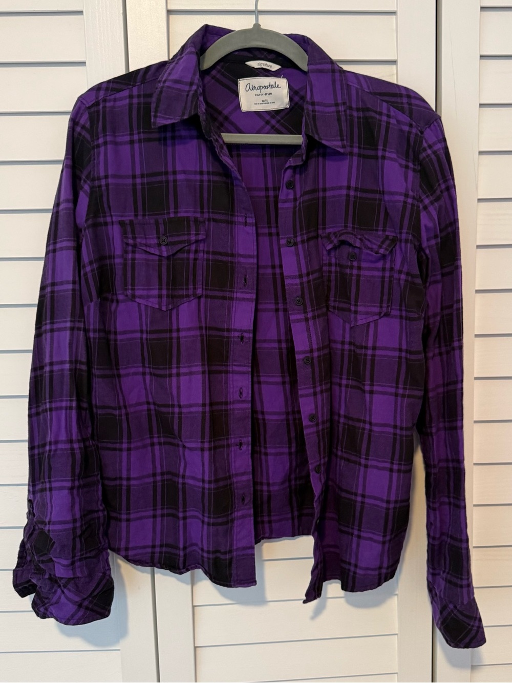 Aeropostale Purple Black Plaid Button-Down Shirt, Cotton, Flannel, Cozy, Y2K